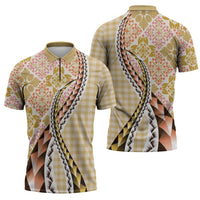 Aloha Vintage Palaka Floral Hawaiian Quilt Zipper Polo Shirt Melemele Motif - Polynesian Pride
