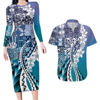 Aloha Vintage Plumeria Hawaiian Tapa Pattern Couples Matching Long Sleeve Bodycon Dress and Hawaiian Shirt Blue Hawaiian Tapa Pattern LT9 Blue - Polynesian Pride