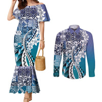 Aloha Vintage Plumeria Hawaiian Tapa Pattern Couples Matching Mermaid Dress and Long Sleeve Button Shirt Blue Hawaiian Tapa Pattern - Polynesian Pride