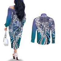 Aloha Vintage Plumeria Hawaiian Tapa Pattern Couples Matching Off The Shoulder Long Sleeve Dress and Long Sleeve Button Shirt Blue Hawaiian Tapa Pattern - Polynesian Pride