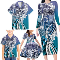 Aloha Vintage Plumeria Hawaiian Tapa Pattern Family Matching Long Sleeve Bodycon Dress and Hawaiian Shirt Blue Hawaiian Tapa Pattern LT9 - Polynesian Pride