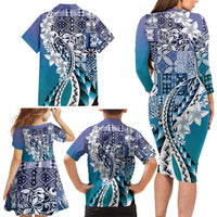 Aloha Vintage Plumeria Hawaiian Tapa Pattern Family Matching Long Sleeve Bodycon Dress and Hawaiian Shirt Blue Hawaiian Tapa Pattern LT9 - Polynesian Pride