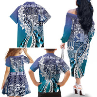 Aloha Vintage Plumeria Hawaiian Tapa Pattern Family Matching Off The Shoulder Long Sleeve Dress and Hawaiian Shirt Blue Hawaiian Tapa Pattern - Polynesian Pride