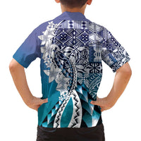 Aloha Vintage Plumeria Hawaiian Tapa Pattern Family Matching Off Shoulder Short Dress and Hawaiian Shirt Blue Hawaiian Tapa Pattern LT9 - Polynesian Pride