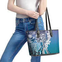 Aloha Vintage Plumeria Hawaiian Tapa Pattern Leather Tote Bag Blue Hawaiian Tapa Pattern - Polynesian Pride
