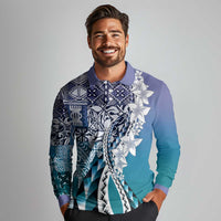 Aloha Vintage Plumeria Hawaiian Tapa Pattern Long Sleeve Polo Shirt Blue Hawaiian Tapa Pattern - Polynesian Pride