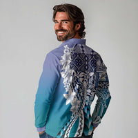 Aloha Vintage Plumeria Hawaiian Tapa Pattern Long Sleeve Polo Shirt Blue Hawaiian Tapa Pattern - Polynesian Pride