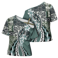 Aloha Vintage Plumeria Hawaiian Tapa Pattern Cross Shoulder Shirt Dark Turquoise Hawaiian Tapa Pattern - Polynesian Pride