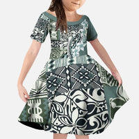 Aloha Vintage Plumeria Hawaiian Tapa Pattern Family Matching Long Sleeve Bodycon Dress and Hawaiian Shirt Dark Turquoise Hawaiian Tapa Pattern LT9 Daughter's Dress Turquoise - Polynesian Pride