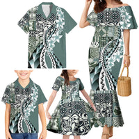 Aloha Vintage Plumeria Hawaiian Tapa Pattern Family Matching Mermaid Dress and Hawaiian Shirt Dark Turquoise Hawaiian Tapa Pattern LT9 - Polynesian Pride
