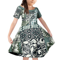 Aloha Vintage Plumeria Hawaiian Tapa Pattern Family Matching Off Shoulder Short Dress and Hawaiian Shirt Dark Turquoise Hawaiian Tapa Pattern - Polynesian Pride