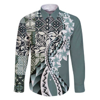 Aloha Vintage Plumeria Hawaiian Tapa Pattern Family Matching Short Sleeve Bodycon Dress and Hawaiian Shirt Dark Turquoise Hawaiian Tapa Pattern LT9 Dad's Shirt - Long Sleeve Turquoise - Polynesian Pride
