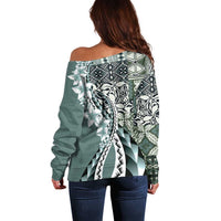 Aloha Vintage Plumeria Hawaiian Tapa Pattern Off Shoulder Sweater Dark Turquoise Hawaiian Tapa Pattern - Polynesian Pride