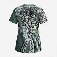 Aloha Vintage Plumeria Hawaiian Tapa Pattern Scrub Top Dark Turquoise Hawaiian Tapa Pattern - Polynesian Pride