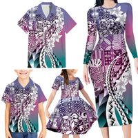 Aloha Vintage Plumeria Hawaiian Tapa Pattern Family Matching Long Sleeve Bodycon Dress and Hawaiian Shirt Gradient Hawaiian Tapa Pattern LT9 - Polynesian Pride