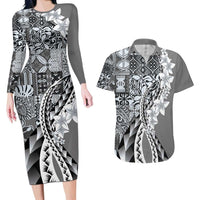 Aloha Vintage Plumeria Hawaiian Tapa Pattern Couples Matching Long Sleeve Bodycon Dress and Hawaiian Shirt Gray Hawaiian Tapa Pattern LT9 Gray - Polynesian Pride