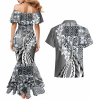 Aloha Vintage Plumeria Hawaiian Tapa Pattern Couples Matching Mermaid Dress and Hawaiian Shirt Gray Hawaiian Tapa Pattern LT9 - Polynesian Pride