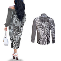 Aloha Vintage Plumeria Hawaiian Tapa Pattern Couples Matching Off The Shoulder Long Sleeve Dress and Long Sleeve Button Shirt Gray Hawaiian Tapa Pattern - Polynesian Pride