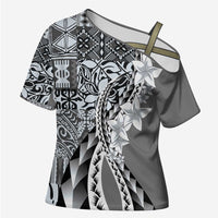 Aloha Vintage Plumeria Hawaiian Tapa Pattern Cross Shoulder Shirt Gray Hawaiian Tapa Pattern - Polynesian Pride