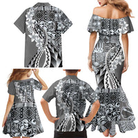 Aloha Vintage Plumeria Hawaiian Tapa Pattern Family Matching Mermaid Dress and Hawaiian Shirt Gray Hawaiian Tapa Pattern LT9 - Polynesian Pride