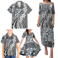 Aloha Vintage Plumeria Hawaiian Tapa Pattern Family Matching Puletasi and Hawaiian Shirt Gray Hawaiian Tapa Pattern LT9 - Polynesian Pride
