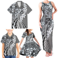 Aloha Vintage Plumeria Hawaiian Tapa Pattern Family Matching Tank Maxi Dress and Hawaiian Shirt Gray Hawaiian Tapa Pattern LT9 - Polynesian Pride