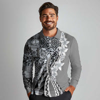 Aloha Vintage Plumeria Hawaiian Tapa Pattern Long Sleeve Polo Shirt Gray Hawaiian Tapa Pattern - Polynesian Pride