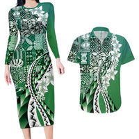 Aloha Vintage Plumeria Hawaiian Tapa Pattern Couples Matching Long Sleeve Bodycon Dress and Hawaiian Shirt Green Hawaiian Tapa Pattern LT9 Green - Polynesian Pride