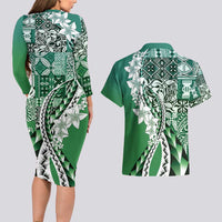 Aloha Vintage Plumeria Hawaiian Tapa Pattern Couples Matching Long Sleeve Bodycon Dress and Hawaiian Shirt Green Hawaiian Tapa Pattern LT9 - Polynesian Pride