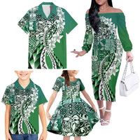 Aloha Vintage Plumeria Hawaiian Tapa Pattern Family Matching Off The Shoulder Long Sleeve Dress and Hawaiian Shirt Green Hawaiian Tapa Pattern - Polynesian Pride