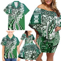 Aloha Vintage Plumeria Hawaiian Tapa Pattern Family Matching Off Shoulder Short Dress and Hawaiian Shirt Green Hawaiian Tapa Pattern - Polynesian Pride