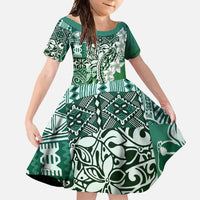 Aloha Vintage Plumeria Hawaiian Tapa Pattern Family Matching Short Sleeve Bodycon Dress and Hawaiian Shirt Green Hawaiian Tapa Pattern LT9 Daughter's Dress Green - Polynesian Pride