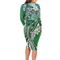 Aloha Vintage Plumeria Hawaiian Tapa Pattern Long Sleeve Bodycon Dress Green Hawaiian Tapa Pattern - Polynesian Pride