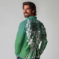 Aloha Vintage Plumeria Hawaiian Tapa Pattern Long Sleeve Polo Shirt Green Hawaiian Tapa Pattern - Polynesian Pride