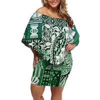 Aloha Vintage Plumeria Hawaiian Tapa Pattern Off Shoulder Short Dress Green Hawaiian Tapa Pattern - Polynesian Pride