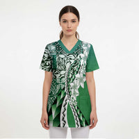 Aloha Vintage Plumeria Hawaiian Tapa Pattern Scrub Top Green Hawaiian Tapa Pattern - Polynesian Pride