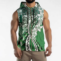 Aloha Vintage Plumeria Hawaiian Tapa Pattern Sleeveless Zip Hoodie Green Hawaiian Tapa Pattern - Polynesian Pride