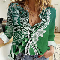 Aloha Vintage Plumeria Hawaiian Tapa Pattern Women Casual Shirt Green Hawaiian Tapa Pattern - Polynesian Pride