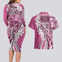 Aloha Vintage Plumeria Hawaiian Tapa Pattern Couples Matching Long Sleeve Bodycon Dress and Hawaiian Shirt Pink Hawaiian Tapa Pattern LT9 - Polynesian Pride