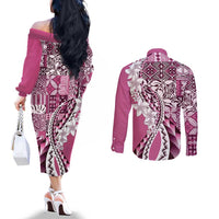 Aloha Vintage Plumeria Hawaiian Tapa Pattern Couples Matching Off The Shoulder Long Sleeve Dress and Long Sleeve Button Shirt Pink Hawaiian Tapa Pattern - Polynesian Pride