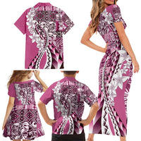 Aloha Vintage Plumeria Hawaiian Tapa Pattern Family Matching Short Sleeve Bodycon Dress and Hawaiian Shirt Pink Hawaiian Tapa Pattern LT9 - Polynesian Pride