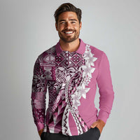 Aloha Vintage Plumeria Hawaiian Tapa Pattern Long Sleeve Polo Shirt Pink Hawaiian Tapa Pattern - Polynesian Pride