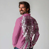 Aloha Vintage Plumeria Hawaiian Tapa Pattern Long Sleeve Polo Shirt Pink Hawaiian Tapa Pattern - Polynesian Pride