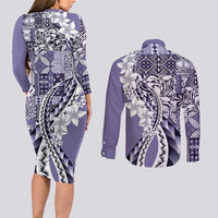 Aloha Vintage Plumeria Hawaiian Tapa Pattern Couples Matching Long Sleeve Bodycon Dress and Long Sleeve Button Shirt Purple Hawaiian Tapa Pattern LT9 - Polynesian Pride