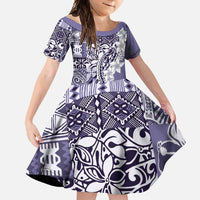 Aloha Vintage Plumeria Hawaiian Tapa Pattern Family Matching Long Sleeve Bodycon Dress and Hawaiian Shirt Purple Hawaiian Tapa Pattern LT9 Daughter's Dress Purple - Polynesian Pride