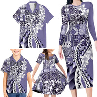 Aloha Vintage Plumeria Hawaiian Tapa Pattern Family Matching Long Sleeve Bodycon Dress and Hawaiian Shirt Purple Hawaiian Tapa Pattern LT9 - Polynesian Pride
