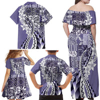Aloha Vintage Plumeria Hawaiian Tapa Pattern Family Matching Off Shoulder Maxi Dress and Hawaiian Shirt Purple Hawaiian Tapa Pattern - Polynesian Pride