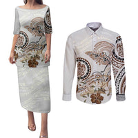 Polynesian Manta Ray Couples Matching Puletasi and Long Sleeve Button Shirt Beige Floral Turtle Tattoo - Polynesian Pride