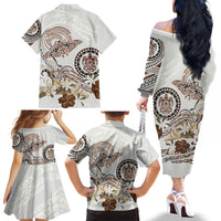 Polynesian Manta Ray Family Matching Off The Shoulder Long Sleeve Dress and Hawaiian Shirt Beige Floral Turtle Tattoo - Polynesian Pride