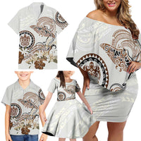 Polynesian Manta Ray Family Matching Off Shoulder Short Dress and Hawaiian Shirt Beige Floral Turtle Tattoo - Polynesian Pride